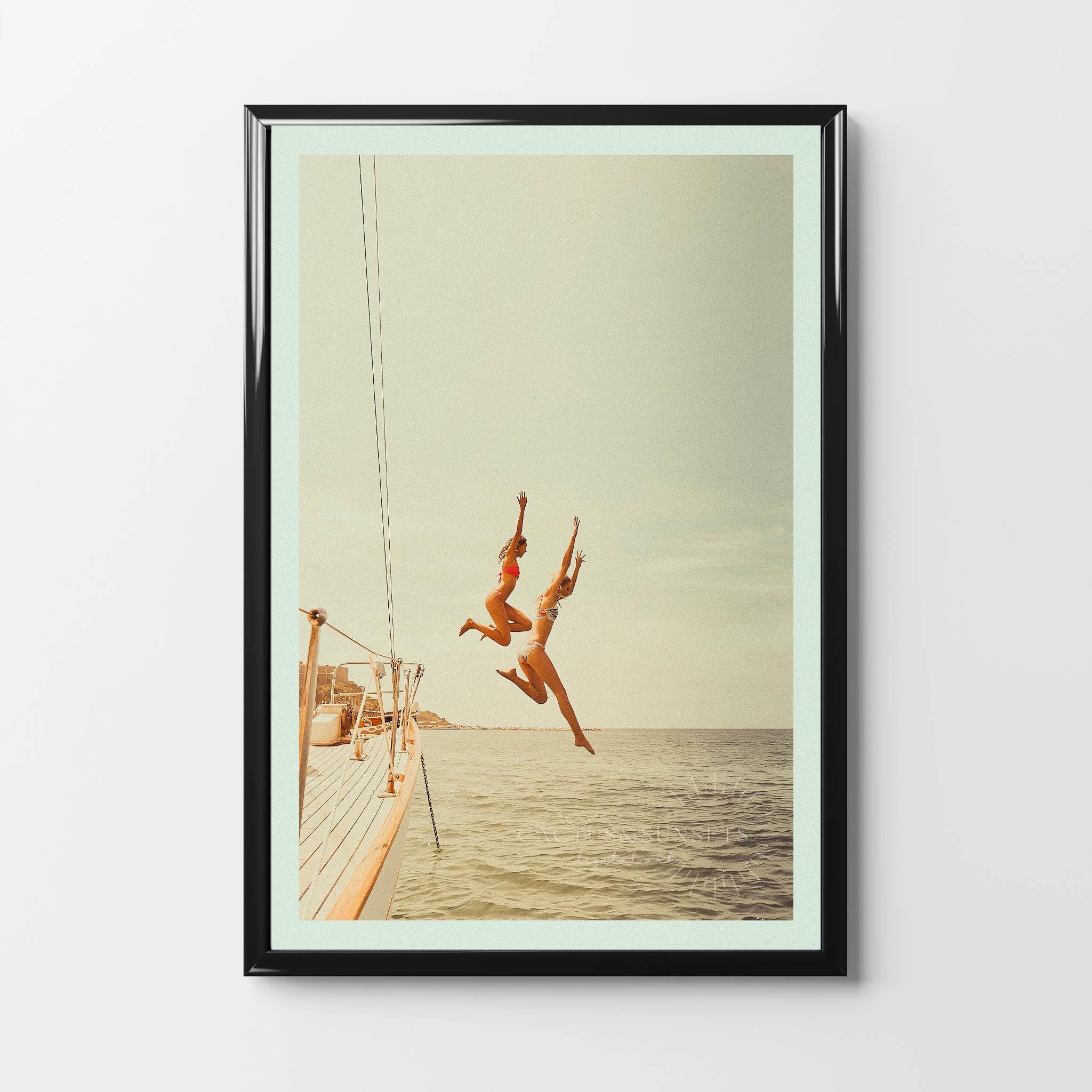 Ocean Jump Poster, Summer Beach Wall Art, Retro Travel Print, Coastal Decor, Yacht Girls Photography, Adventure Sea Print, Swim Poster, Gift