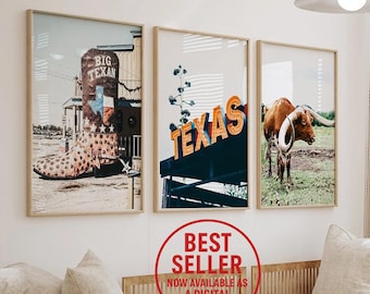 Texas Wall Art Set - Western Poster Trio, Cowboy Boot, Texas Sign, Longhorn Print, Rustic Digital Download, Texas Home Decor