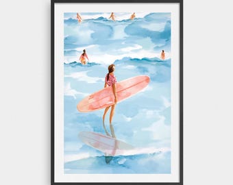 Watercolor Surfer Girl Poster: Pink Surfboard, Coastal Boho Art