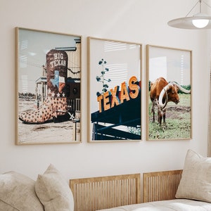 Texas Art 20x30 POSTER Set, Texas Wall Art, Texas Longhorn Cow Print, Southwestern Set of 3, Texas Poster, Vintage Texas Wall Decor