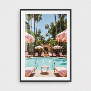 Beverly Hills Pool Poster Pink Striped Resort Wall Art Retro California Decor