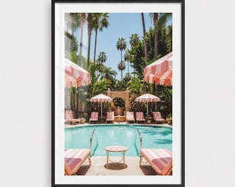 Beverly Hills Pool Poster Pink Striped Resort Wall Art Retro California Decor