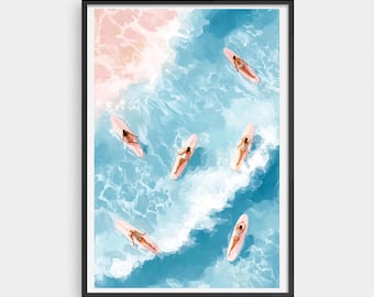 Watercolor Surf Girls Poster: Aerial Beach Art, Coastal Boho Decor
