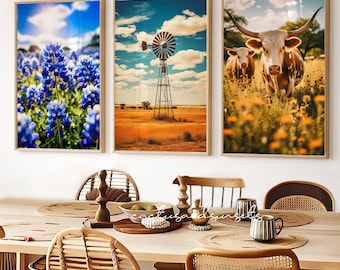 May include: Three framed prints depicting a Texas landscape. The first print shows a field of bluebonnets, the second print shows a windmill in a field, and the third print shows a longhorn cow in a field.