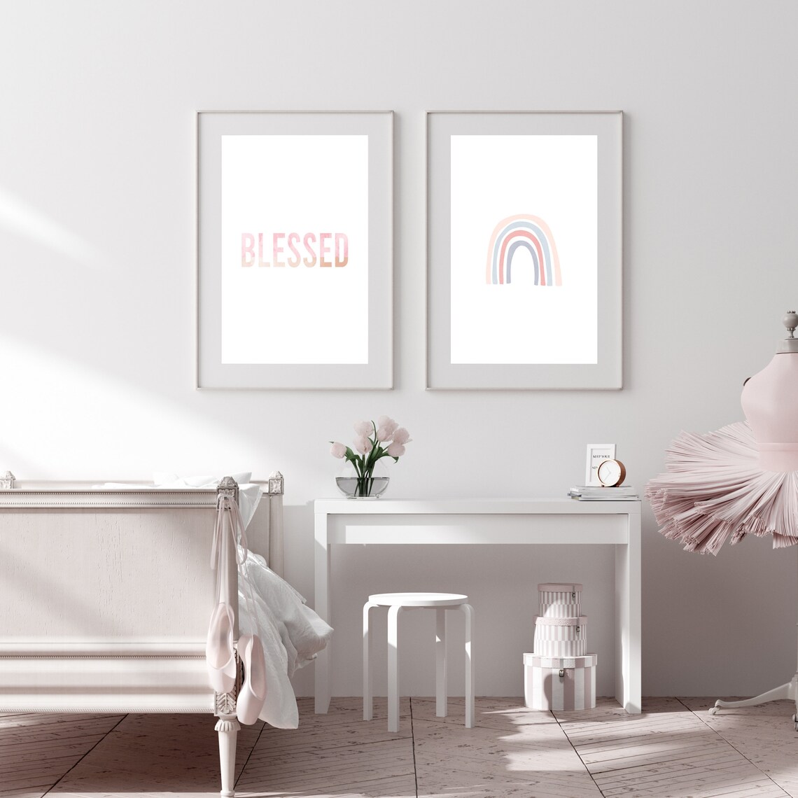 Blessed, Nursery Prints, Pink Nursery Art, Boho Rainbow, PRINTABLE Wall