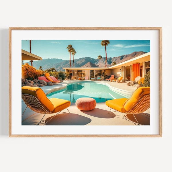 Palm Springs Pool Print, California Photo, Orange Decor, Retro Palm Springs, Mid Century Wall Art, Boho, Palm Trees, Desert Prints