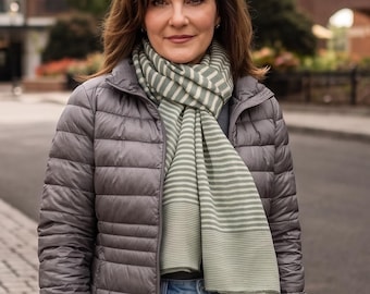 Striped Scarf Sage Green and Cream Large Soft Light Weight Scarf or Sarong