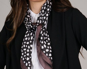 Leopard Scarf Square Headscarf or Neckerchief Silky Black & Ivory Animal Print with Plum Brown Border