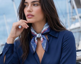 Blue Square Scarf, Belt and Chain Print, Silky Neck and Hair Accessory