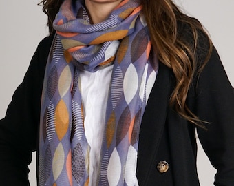 Abstract Leaves Scarves Large Blue-Grey Orange & Ochre Soft Wrap