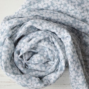 Cotton Polyester Blend Grey and White Daisy Floral Print Wrap with Softly Frayed Ends