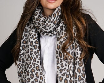 Leopard Scarf Soft Large Cream Brown Black Animal Print Wrap