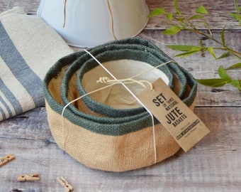 Stocking Filler Natural Jute Baskets 3 Storage Pods with Cotton Lining Bathroom Organiser