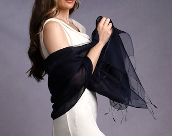 Sophia Navy Blue Organza and Crepe Silk/Viscose Tasselled Bridal Bridesmaid Special Occasion Wrap