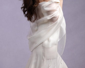 Ivory Tasselled Bridal Wrap, Silk Viscose Organza Scarf