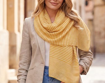Mustard Yellow and White Striped Scarf Large Soft Lightweight Scarf or Sarong