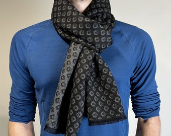 Men's Scarf Reversible Soft Narrow Long Diamond Pattern with Fringe Black  and Grey Brown.