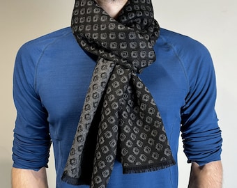 Men's Scarf Reversible Soft Narrow Long Diamond Pattern with Fringe Black  and Grey Brown.