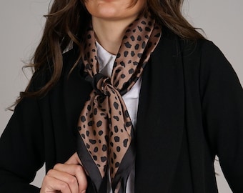 Leopard Scarf Square Headscarf or Neckerchief Silky Mocha Brown & Black Animal Print with Black Border