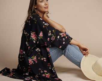 Seconds Sale Floral Kimono Black and Pink Cherry Blossom Print