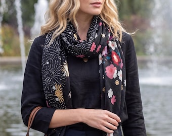 Black Scarf with Floral Print and Gold Foil Overlay BUY 1 GET 1 FREE