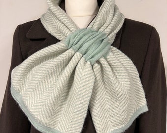 Pull Through Scarf Duck Egg Green & Cream Herringbone Scandi Style Knitted Neck Warmer Supersoft Viscose Blend