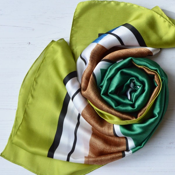 Large Silk Blend Geometric Design Silky Satin Scarf with Deep Chartreuse Green Border