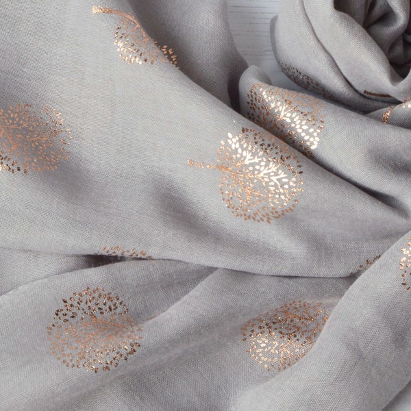 Tree of Life Scarf Light-Grey Soft Scarf with Rose Metallic Foil Tree Design