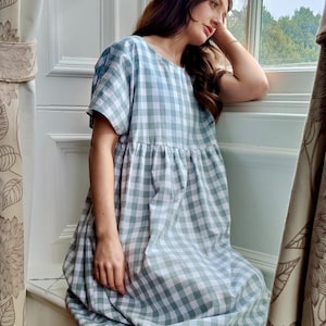 Blue Gingham Check Dress | Martina Short Sleeve Cotton Seersucker Oversized  Dress - Etsy