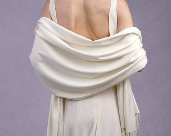 Cream Pashmina Wrap, Soft Large Shawl with Tassels, Evening and Occasion Wear