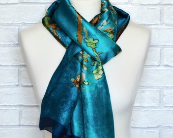 Large Silk Scarf Van Gogh Almond Blossom Print Turquoise and Blue Light weight Wrap