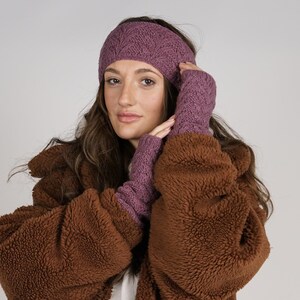 CLEARANCE SALE Headband & Wrist Warmers Mulberry Pink Pure Wool Fairtrade Handknitted Micro Fleece Lining