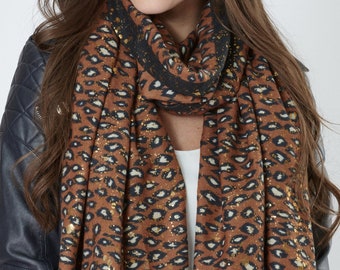 Leopard Spot Scarf with Metallic Foil Splash Ginger and Black Soft Wrap