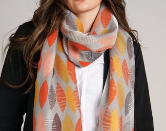 Soft Scarf Abstract Leaves Grey Orange & Ochre Wrap