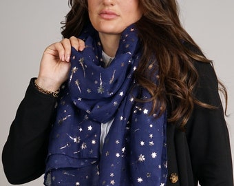 Shooting Stars Scarf Navy Blue Light Weight Wrap with Metallic Silver Foil Celestial Design