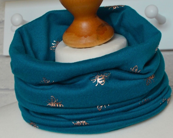 Bee Snood Teal Blue Fine Knit Lightweight Neck Warmer with Rose Gold Metallic Foil Bees