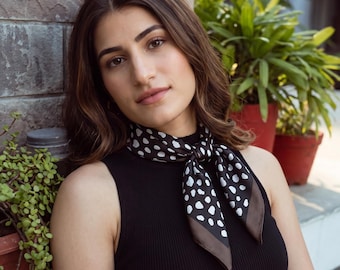 Black and Ivory Leopard Print Square Scarf, Plum Border, Silky Neck and Hair Accessory