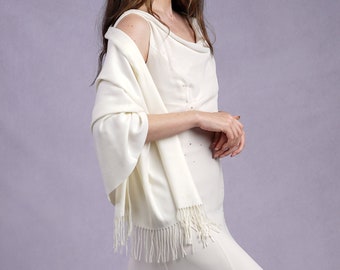 April - Cream Pashmina Light Weight Large Special Occasion Wrap with Tassels