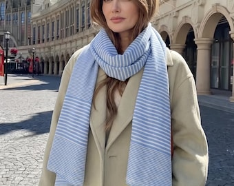 Blue and White Striped Scarf  Large Soft Light Weight Scarf or Sarong