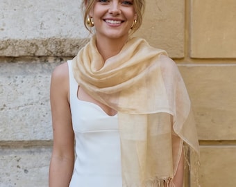 Cream and Gold Occasion Wrap, Silk Organza and Crepe Viscose Evening Shawl