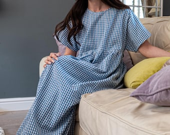 Blue Gingham Check Dress | Martina Short Sleeve Cotton Seersucker Oversized Dress