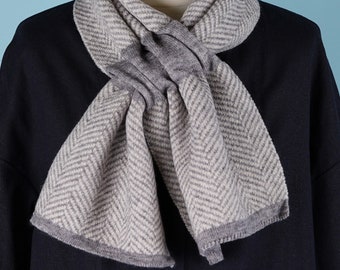 Pull Through Scarf Grey & Cream Herringbone Scandi Style Knitted Neck Warmer Supersoft Viscose Blend