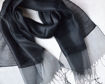 Black Wrap Sophia Organza and Crepe Double Layered Silk/Viscose Scarf