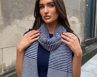 Striped Scarf Navy Blue and White Large Soft Light Weight Scarf or Sarong