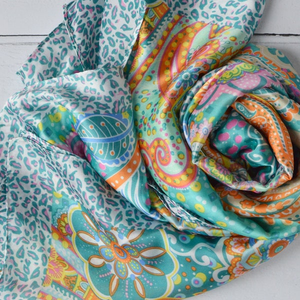 Large Paisley Scarf Aqua and Orange Silky Wrap