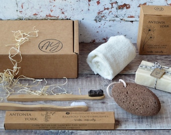 Eco Friendly Spa Gift Box: Bamboo Toothbrushes, Vegan Soap, Pumice Stone