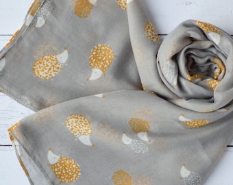 Hedgehogs Scarf Grey and Mustard Large Soft Animal Print Wrap