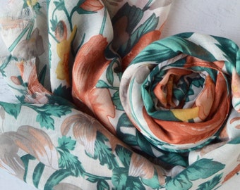Floral & Leaf Scarf Soft Semi-sheer Wrap with Rolled Edges and Feathered Ends Orange Yellow Green