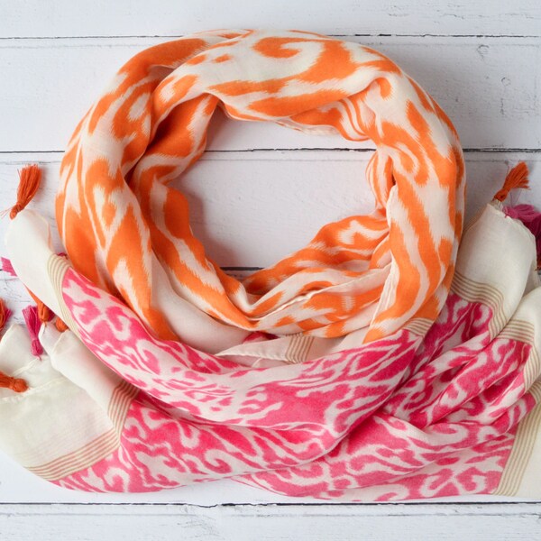 Ikat Tassel Scarf Large Soft Semi-Sheer Wrap or Sarong White Orange Fuchsia Pink