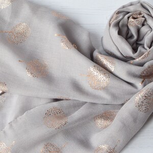 Tree of Life Scarf Light-Grey Soft Scarf with Rose Metallic Foil Tree Design image 2